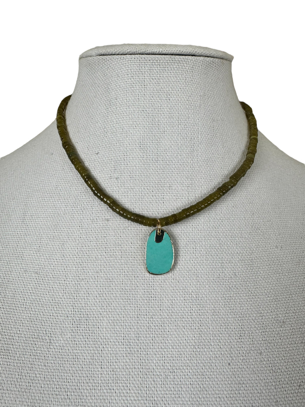 Natural Olive Green Jade Neklace with Turquoise Pendant